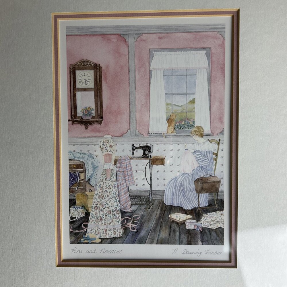 Helen Downing Hunter Litho Art Print "Pins And Needles" Matted Framed Signed